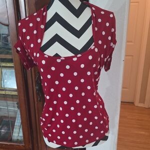 Frederick's of Hollywood Red and White Polka Dot Short Sleeve Top
